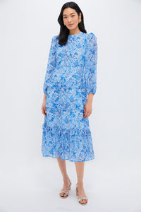 Blue Multi Abstract Floral Rosalind Ruffle Midi Dress